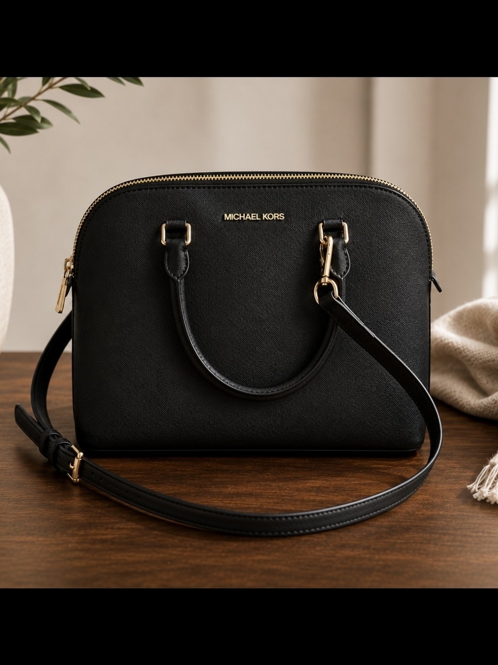 Michael Kors Black Saffiano Dome Crossbody Bag with Gold Hardware
